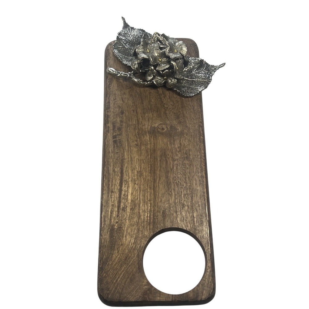 Mud Pie Mango Wood Hydrangea Serving Board with Metal Leaves, 16" x 6" No Bowl